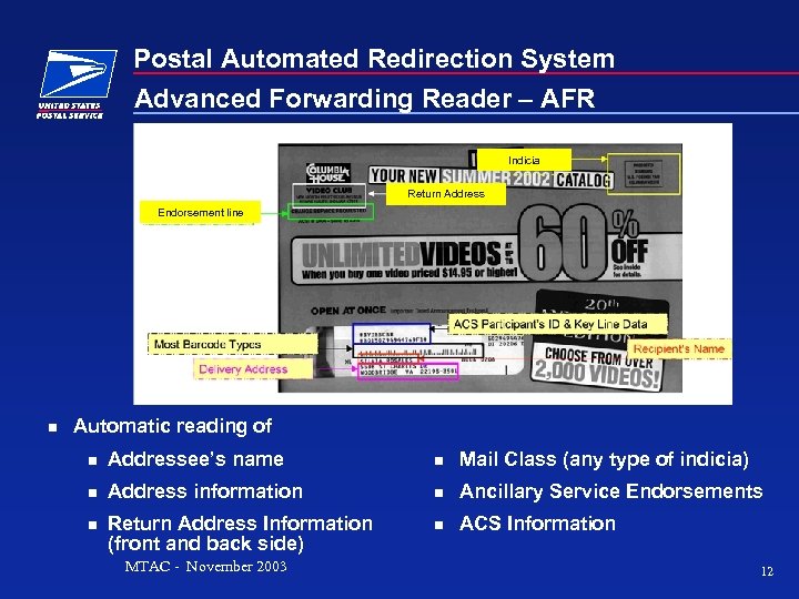 Postal Automated Redirection System Advanced Forwarding Reader – AFR Indicia Return Address Endorsement line