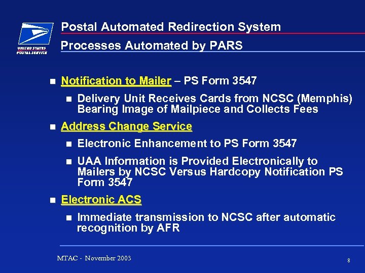 Postal Automated Redirection System Processes Automated by PARS Notification to Mailer – PS Form