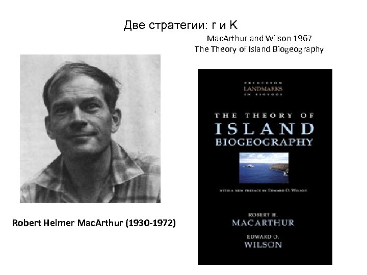 Две стратегии: r и K Mac. Arthur and Wilson 1967 Theory of Island Biogeography