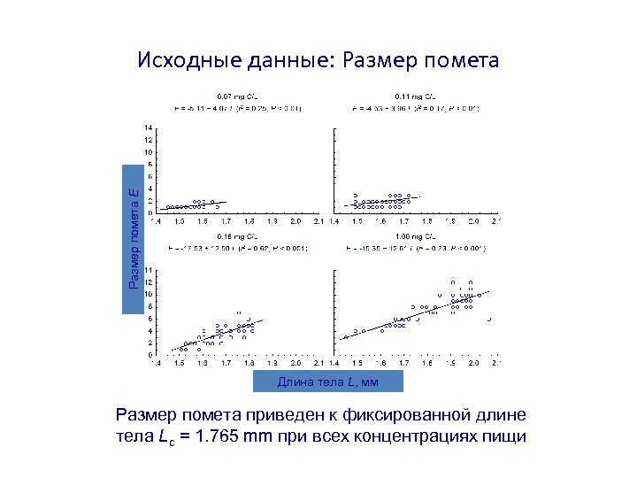 Размер помета E Исходные данные: Размер помета Длина тела L, мм Размер помета приведен