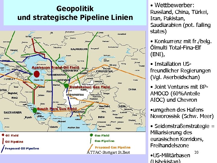 Geopolitik und strategische Pipeline Linien • Wettbewerber: Russland, China, Türkei, Iran, Pakistan, Saudiarabien (pot.