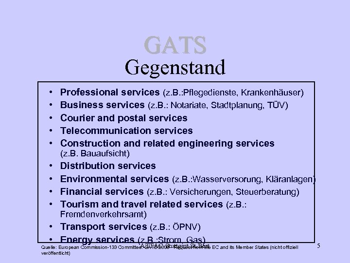 GATS Gegenstand • • • Professional services (z. B. : Pflegedienste, Krankenhäuser) Business services