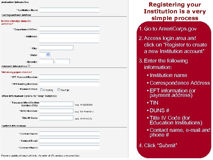 Registering your Institution is a very simple process 1. Go to Ameri. Corps. gov