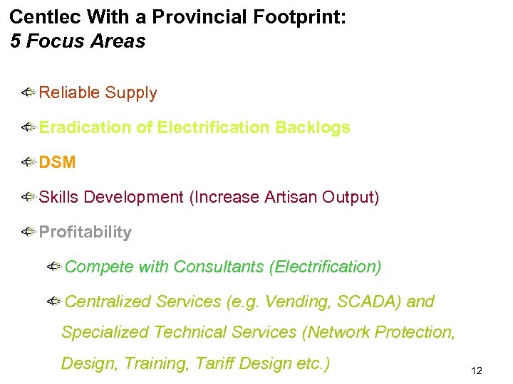 Centlec With a Provincial Footprint: 5 Focus Areas Reliable Supply Eradication of Electrification Backlogs