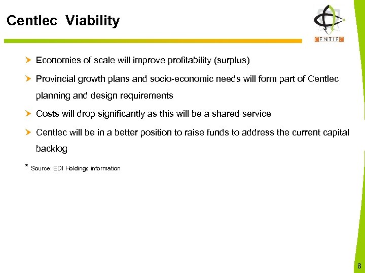 Centlec Viability Economies of scale will improve profitability (surplus) Provincial growth plans and socio-economic