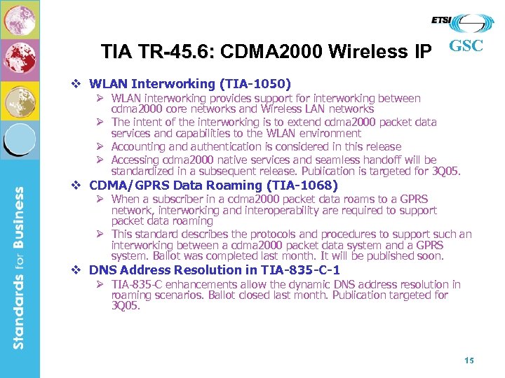 TIA TR-45. 6: CDMA 2000 Wireless IP GSC v WLAN Interworking (TIA-1050) Ø WLAN