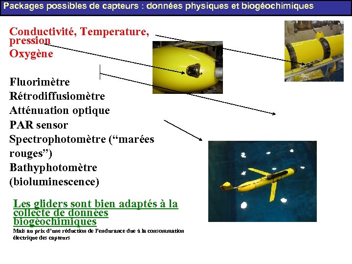 Packages possibles de capteurs : données physiques et biogéochimiques Conductivité, Temperature, pression Oxygène Fluorimètre