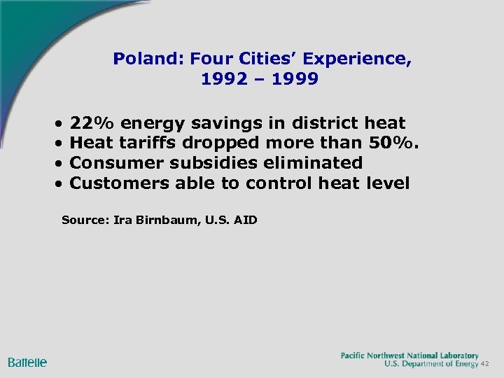 Poland: Four Cities’ Experience, 1992 – 1999 • 22% energy savings in district heat