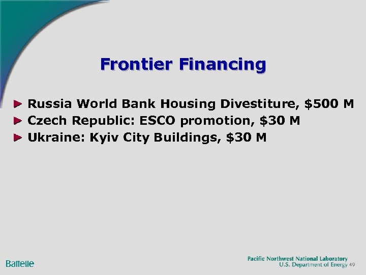 Frontier Financing Russia World Bank Housing Divestiture, $500 M Czech Republic: ESCO promotion, $30