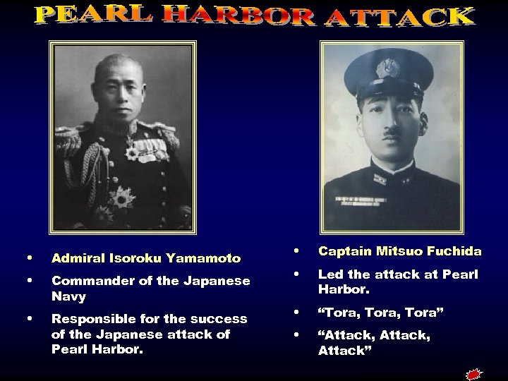 • Admiral Isoroku Yamamoto • Commander of the Japanese Navy • Responsible for