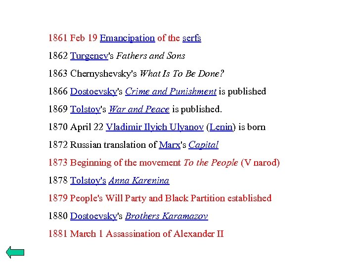1861 Feb 19 Emancipation of the serfs 1862 Turgenev's Fathers and Sons 1863 Chernyshevsky's