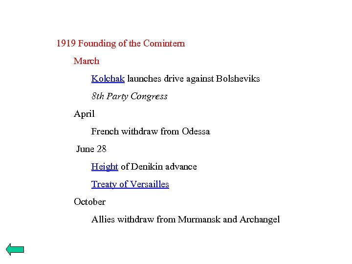 1919 Founding of the Comintern March Kolchak launches drive against Bolsheviks 8 th Party