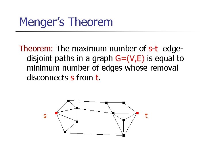 Menger’s Theorem: The maximum number of s-t edgedisjoint paths in a graph G=(V, E)