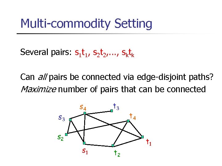 Multi-commodity Setting Several pairs: s 1 t 1, s 2 t 2, . .