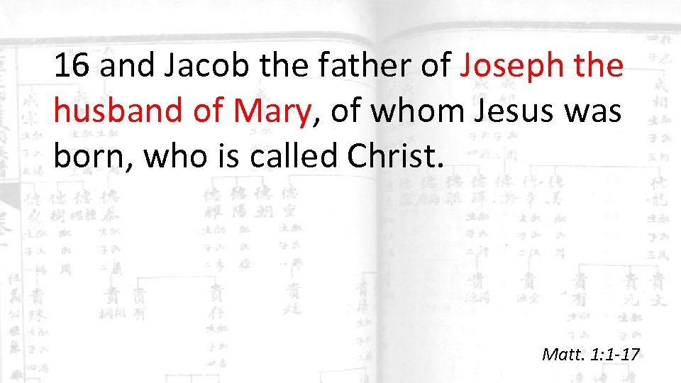 16 and Jacob the father of Joseph the husband of Mary, of whom Jesus