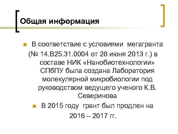 Общая информация n В соответствие с условиями мегагранта (№ 14. В 25. 31. 0004