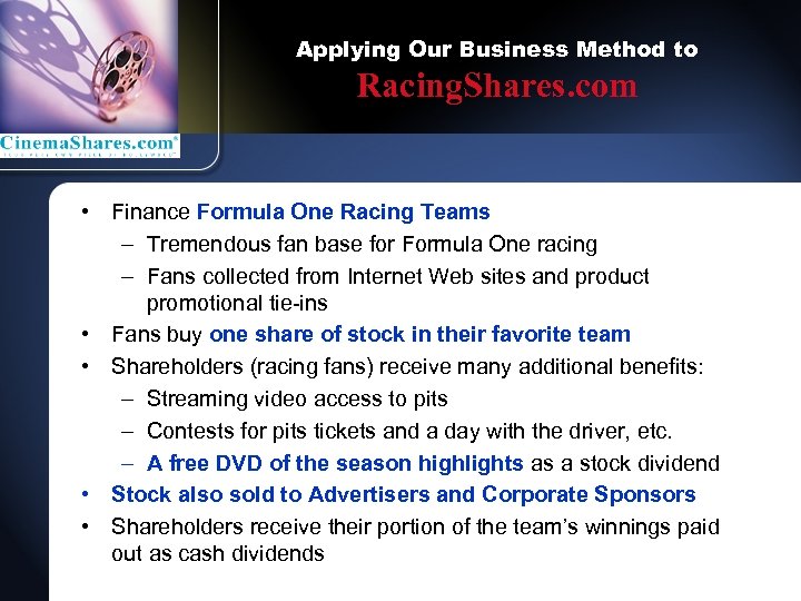 Applying Our Business Method to Racing. Shares. com • Finance Formula One Racing Teams