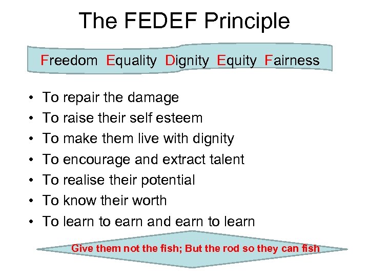 The FEDEF Principle Freedom Equality Dignity Equity Fairness • • To repair the damage