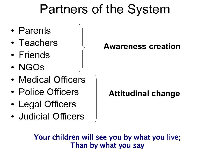 Partners of the System • • Parents Teachers Friends NGOs Medical Officers Police Officers