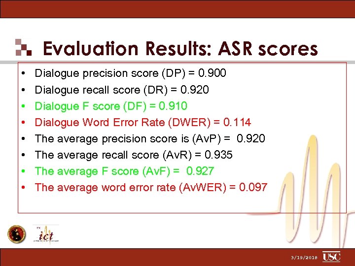 Evaluation Results: ASR scores • • Dialogue precision score (DP) = 0. 900 Dialogue