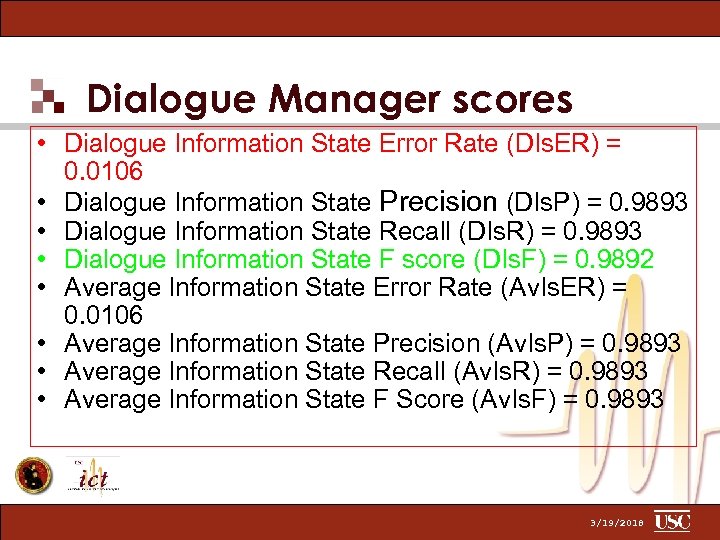 Dialogue Manager scores • Dialogue Information State Error Rate (DIs. ER) = 0. 0106