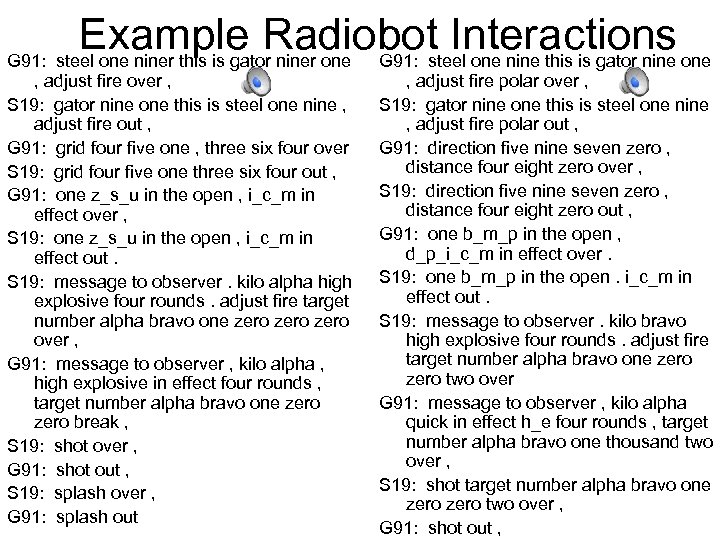 Example Radiobot Interactions one G 91: steel one niner this is gator niner one