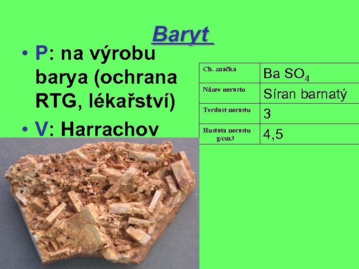 Baryt • P: na výrobu barya (ochrana RTG, lékařství) • V: Harrachov Ch. značka