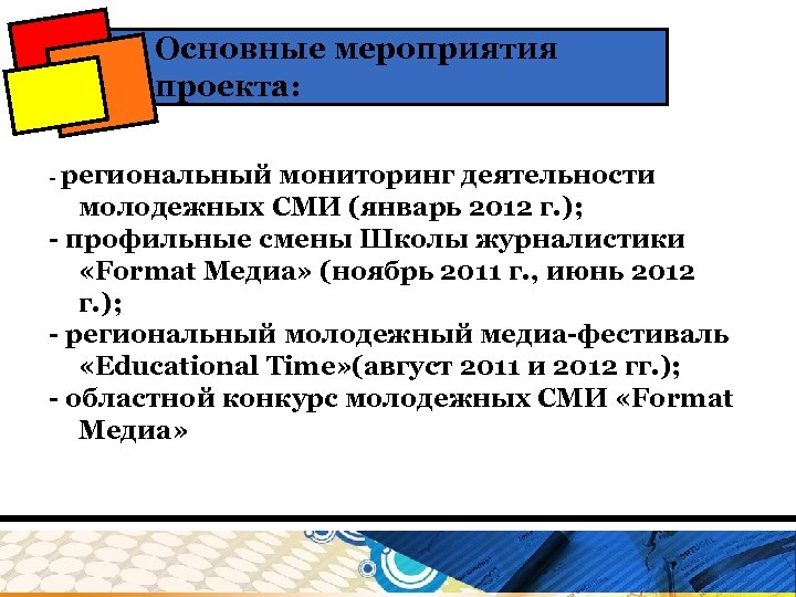 Основные мероприятия проекта: - региональный мониторинг деятельности молодежных СМИ (январь 2012 г. ); -