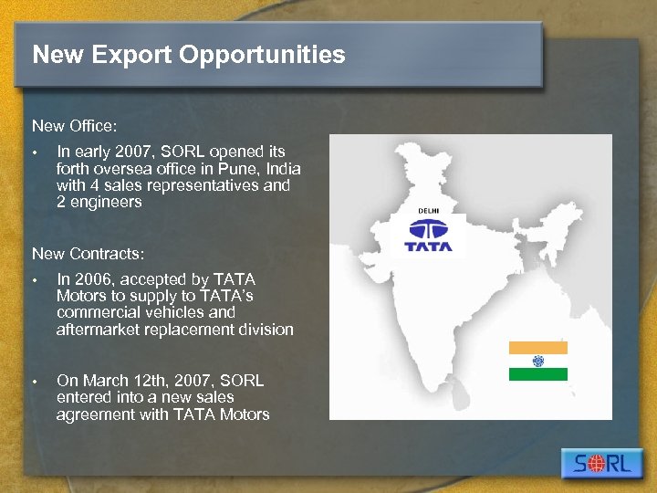 New Export Opportunities New Office: • In early 2007, SORL opened its forth oversea