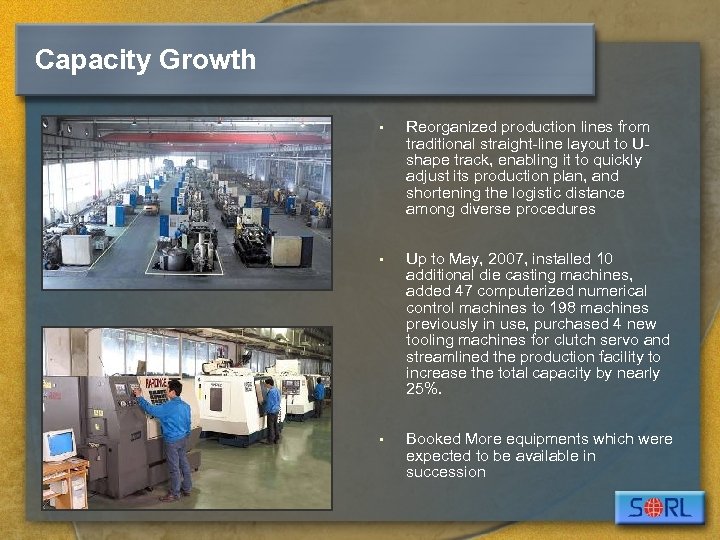 Capacity Growth • Reorganized production lines from traditional straight-line layout to Ushape track, enabling