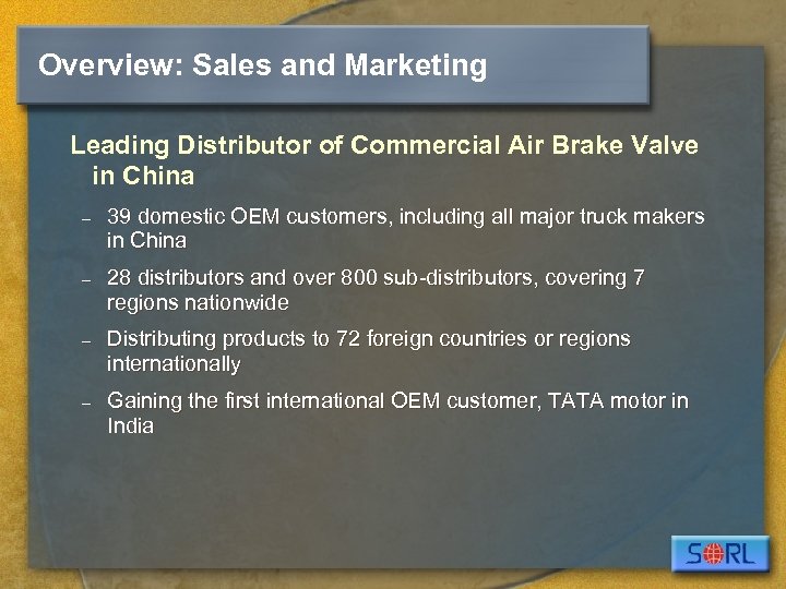Overview: Sales and Marketing Leading Distributor of Commercial Air Brake Valve in China –