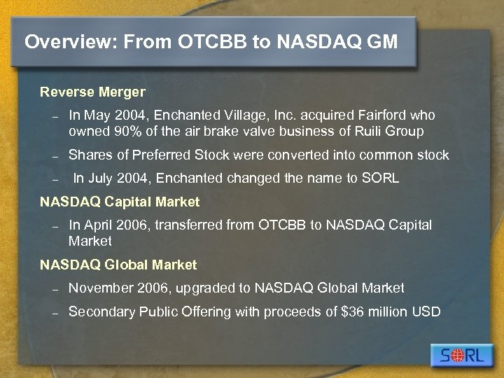 Overview: From OTCBB to NASDAQ GM Reverse Merger – In May 2004, Enchanted Village,