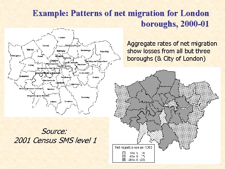 Example: Patterns of net migration for London boroughs, 2000 -01 Aggregate rates of net