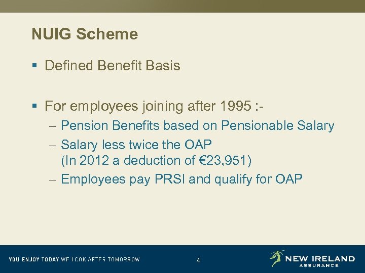 NUIG Scheme § Defined Benefit Basis § For employees joining after 1995 : –