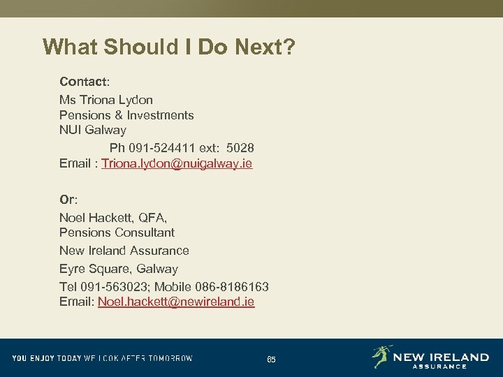 What Should I Do Next? Contact: Ms Triona Lydon Pensions & Investments NUI Galway