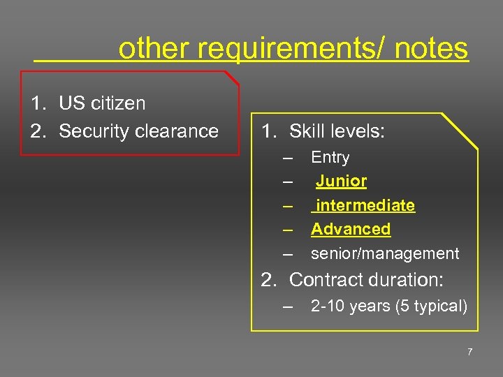  other requirements/ notes 1. US citizen 2. Security clearance 1. Skill levels: –