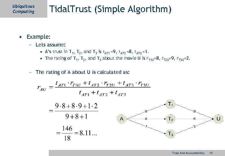 Ubiquitous Computing Tidal. Trust (Simple Algorithm) • Example: – Lets assume: • A’s trust