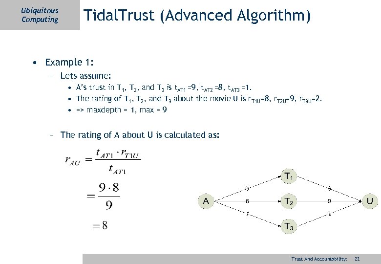 Ubiquitous Computing Tidal. Trust (Advanced Algorithm) • Example 1: – Lets assume: • A’s