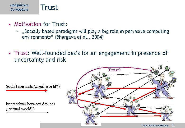 Ubiquitous Computing Trust • Motivation for Trust: – „Socially based paradigms will play a