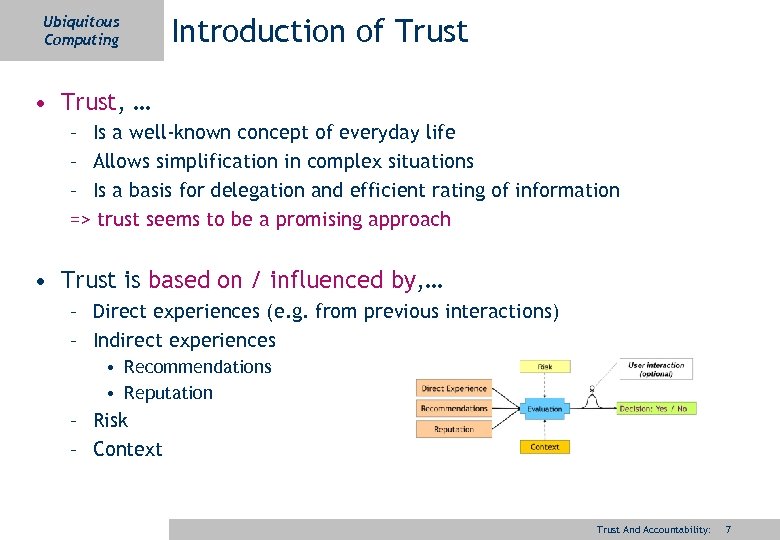 Ubiquitous Computing Introduction of Trust • Trust, … – Is a well-known concept of