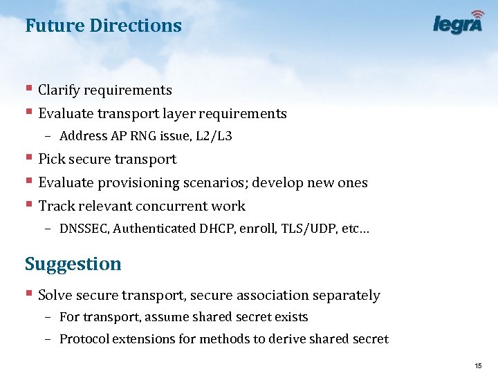 Future Directions § Clarify requirements § Evaluate transport layer requirements – Address AP RNG