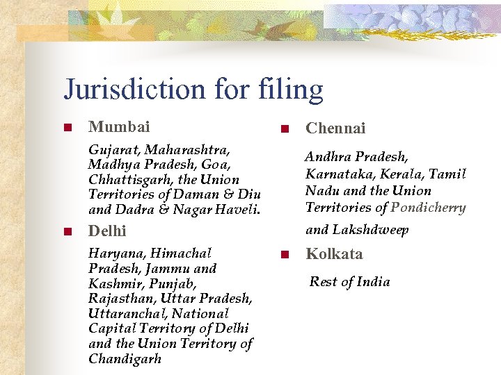 Jurisdiction for filing n Mumbai n Chennai Gujarat, Maharashtra, Madhya Pradesh, Goa, Chhattisgarh, the