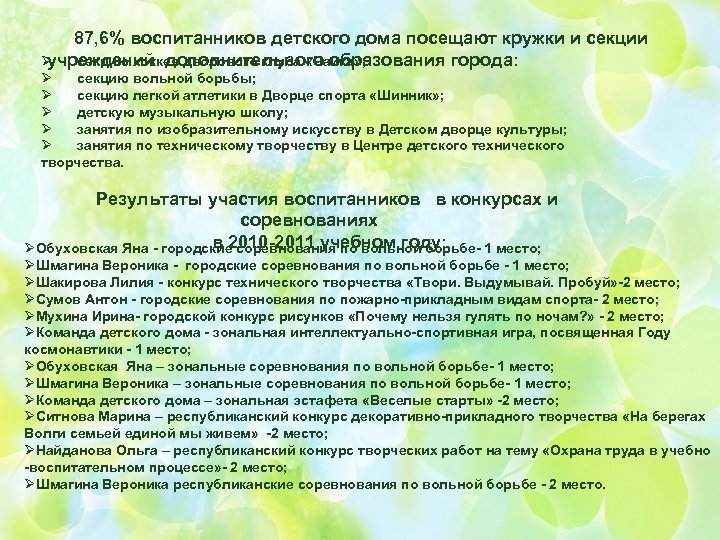 87, 6% воспитанников детского дома посещают кружки и секции учреждений дополнительного образования города: Ø