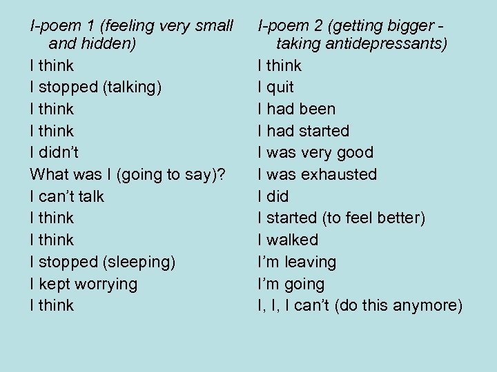 I-poem 1 (feeling very small and hidden) I think I stopped (talking) I think