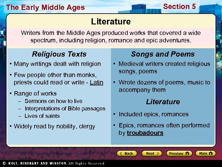 Section 5 The Early Middle Ages Literature Writers from the Middle Ages produced works