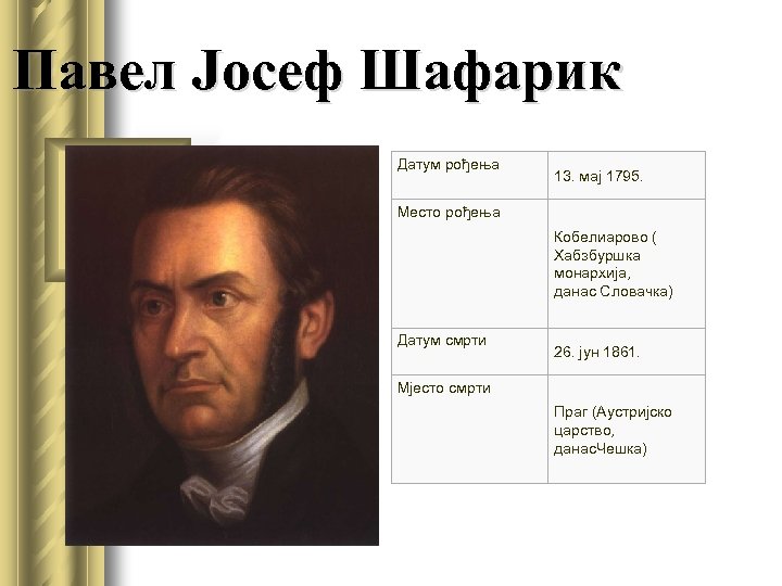 Павел Јосеф Шафарик Датум рођења 13. мај 1795. Место рођења Кобелиарово ( Хабзбуршка монархија,