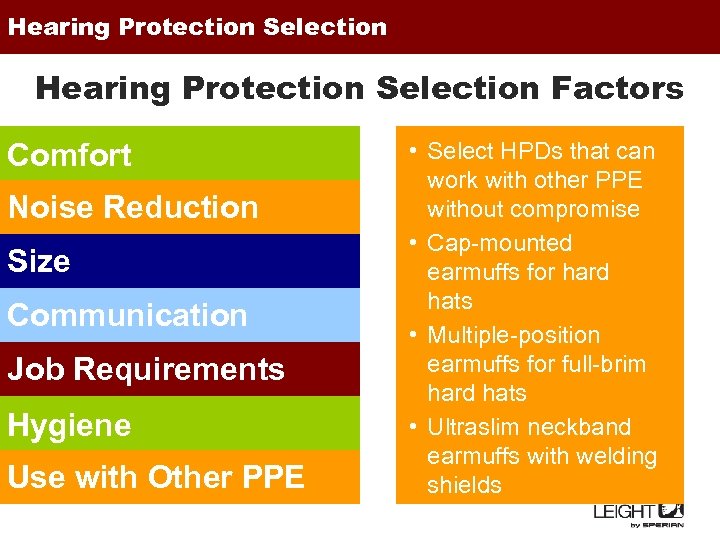 Hearing Protection Selection Factors Comfort Noise Reduction Size Communication Job Requirements Hygiene Use with