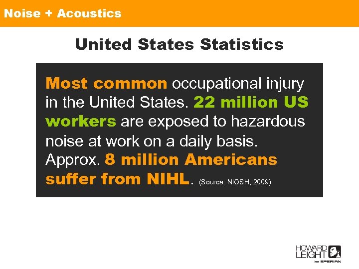 Noise + Acoustics United States Statistics Most common occupational injury in the United States.