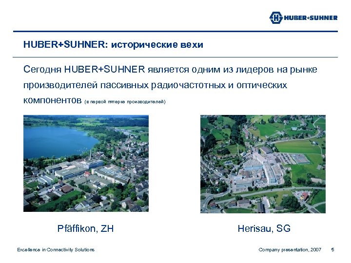 HUBER+SUHNER: исторические вехи Сегодня HUBER+SUHNER является одним из лидеров на рынке производителей пассивных радиочастотных