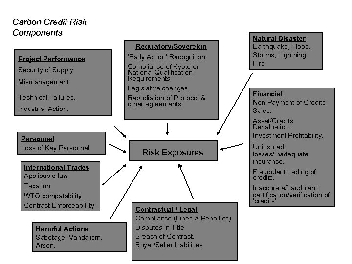 Carbon Credit Risk Components Regulatory/Sovereign Project Performance Security of Supply. Mismanagement Technical Failures. Industrial